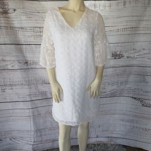 Blooming Jelly White Chiffon Clipped Dot V-Neck Sheer Layered Dress.   L